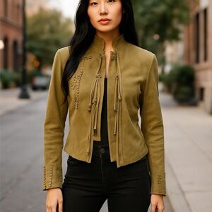 Ambre Babzoe Suede Leather Jacket Tan Fringe Women's sz S Boho Festival